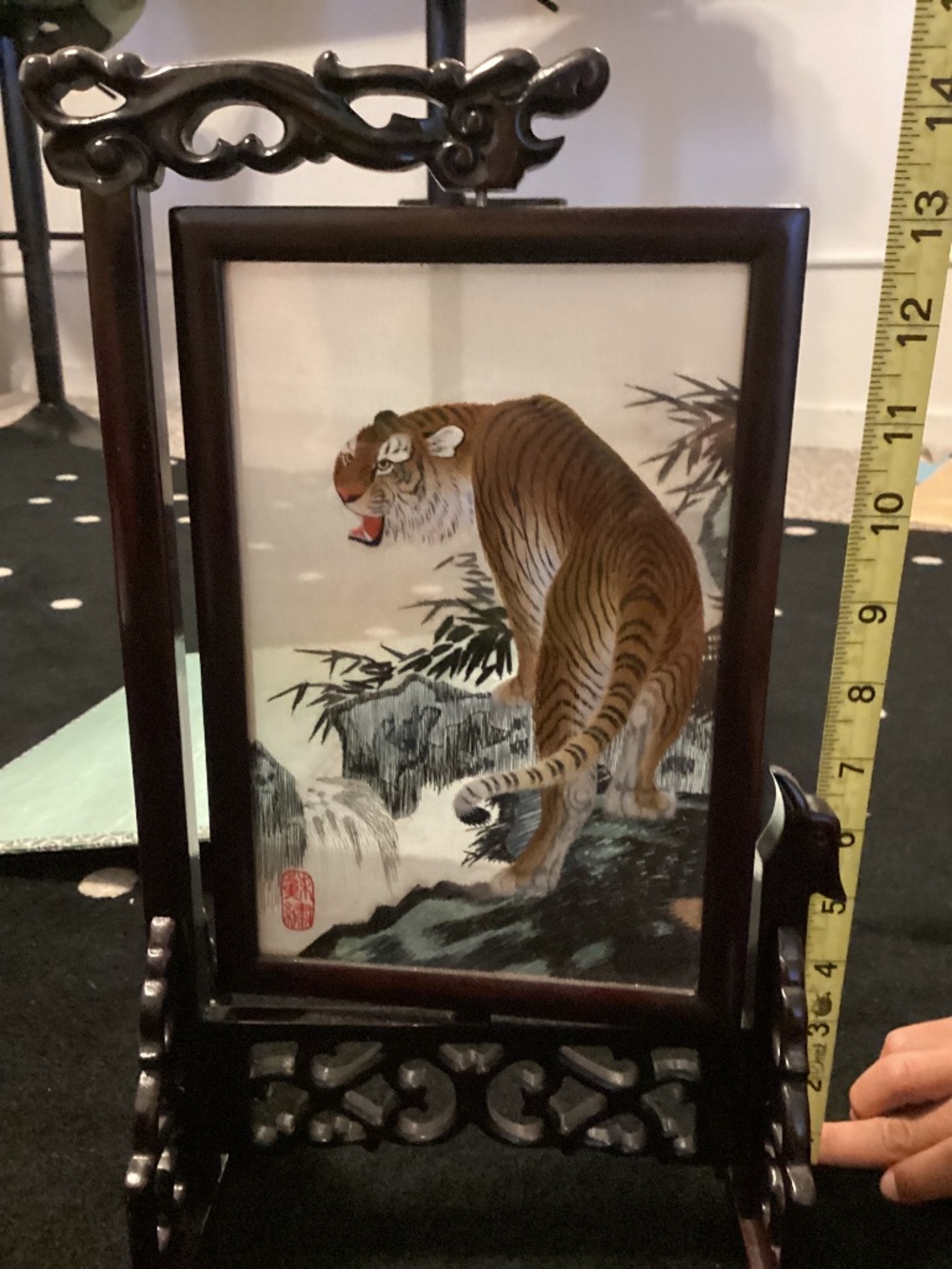 Vintage Chinese silk embroidered tiger on wood stand
